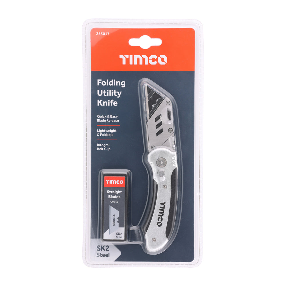 This is an image showing TIMCO Folding Utility Knife & Blades - 60 x 19 x 0.6 - 1 Each Blister Pack available from T.H Wiggans Ironmongery in Kendal, quick delivery at discounted prices.
