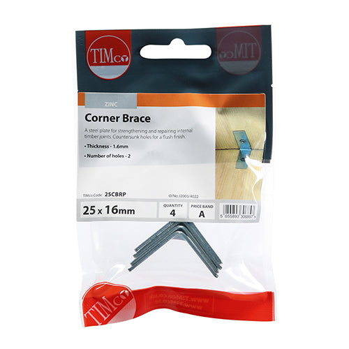 This is an image showing TIMCO Corner Braces - Zinc - 25 x 25 x 16 - 4 Pieces TIMpac available from T.H Wiggans Ironmongery in Kendal, quick delivery at discounted prices.