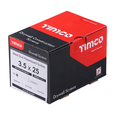 This is an image showing TIMCO Drywall Screws - PH - Bugle - Fine Thread - Grey - 3.5 x 25 - 1000 Pieces Box available from T.H Wiggans Ironmongery in Kendal, quick delivery at discounted prices.