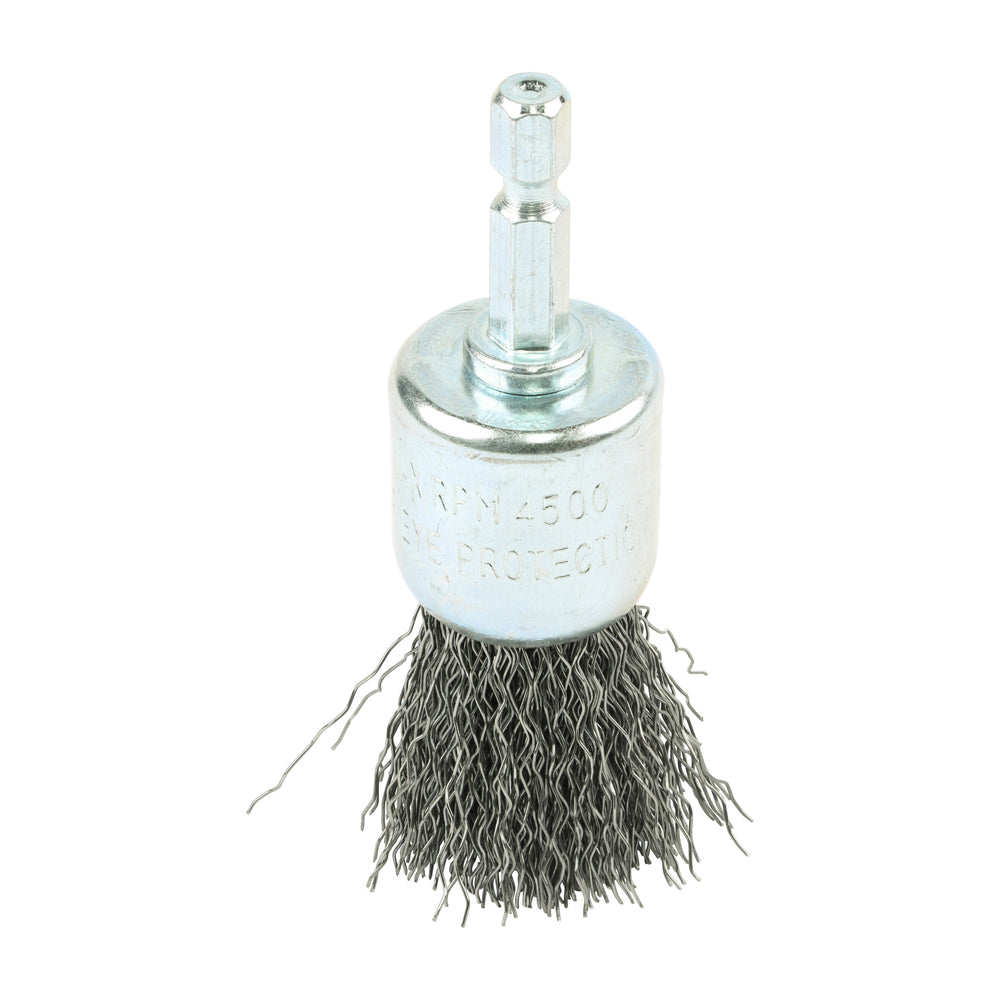 This is an image showing TIMCO Drill End Brush - Crimped Steel Wire - 25mm - 1 Each Blister Pack available from T.H Wiggans Ironmongery in Kendal, quick delivery at discounted prices.