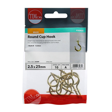 This is an image showing TIMCO Cup Hooks - Round - Electro Brass - 25mm - 10 Pieces TIMpac available from T.H Wiggans Ironmongery in Kendal, quick delivery at discounted prices.