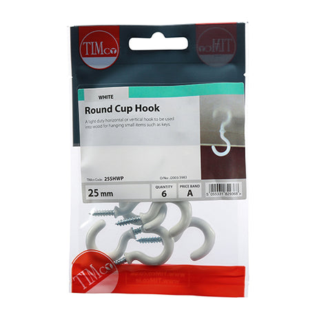 This is an image showing TIMCO Cup Hooks - Round - White - 25mm - 6 Pieces TIMpac available from T.H Wiggans Ironmongery in Kendal, quick delivery at discounted prices.