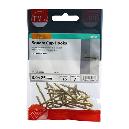 This is an image showing TIMCO Cup Hooks - Square - Electro Brass - 25mm - 16 Pieces TIMpac available from T.H Wiggans Ironmongery in Kendal, quick delivery at discounted prices.