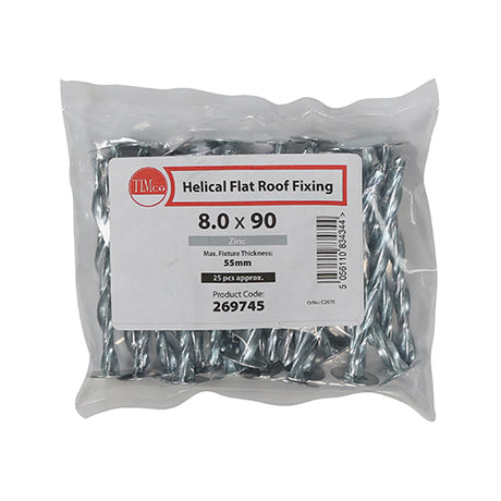 This is an image showing TIMCO Helical Flat Roof Fixing - Zinc - 8.0 x 90 - 25 Pieces Bag available from T.H Wiggans Ironmongery in Kendal, quick delivery at discounted prices.