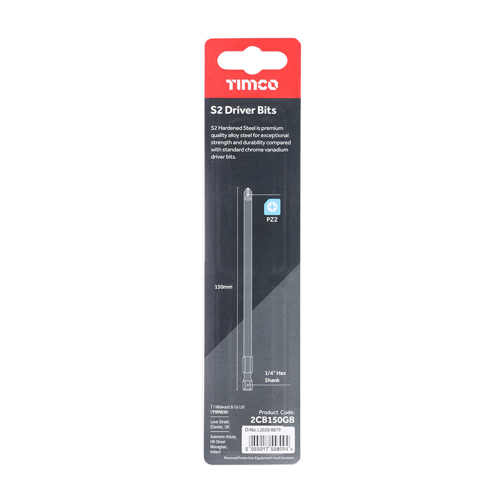 This is an image showing TIMCO S2 Driver Bits - PZ - No.2 x 150 - 1 Each Blister Pack available from T.H Wiggans Ironmongery in Kendal, quick delivery at discounted prices.