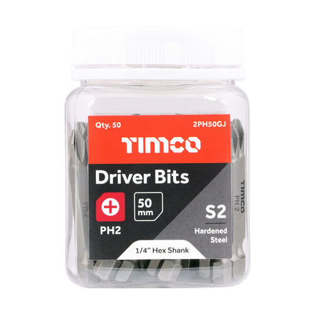 This is an image showing TIMCO S2 Driver Bits - PH - No.2 x 50 - 50 Pieces Small Jar available from T.H Wiggans Ironmongery in Kendal, quick delivery at discounted prices.