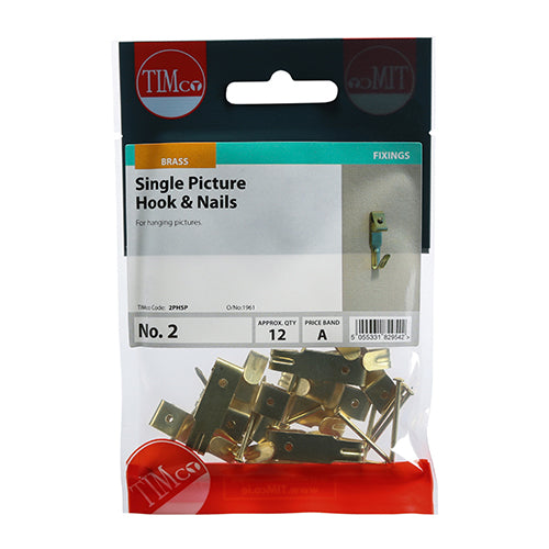 This is an image showing TIMCO Picture Hanging Hooks - Single - Electro Brass - No.2 Single - 12 Pieces TIMpac available from T.H Wiggans Ironmongery in Kendal, quick delivery at discounted prices.