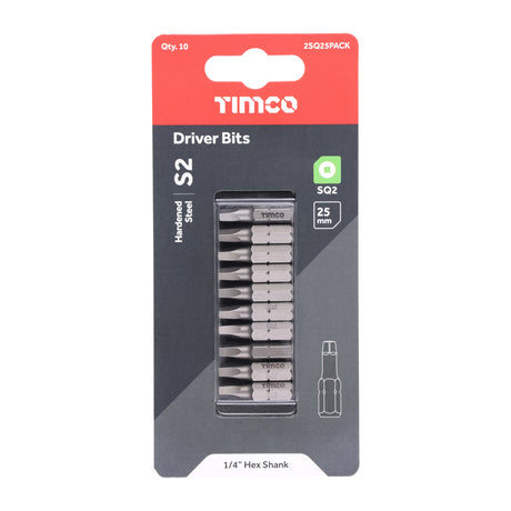 This is an image showing TIMCO S2 Driver Bits - SQ - No.2 x 25 - 10 Pieces Handy Bit Pack available from T.H Wiggans Ironmongery in Kendal, quick delivery at discounted prices.