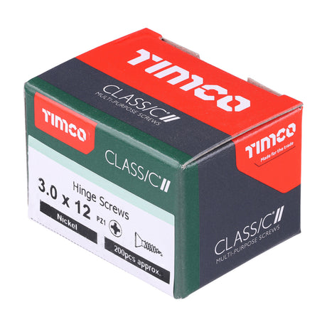 This is an image showing TIMCO Classic Multi-Purpose Hinge Screws - PZ - Countersunk - Nickel - 3.0 x 12 - 200 Pieces Box available from T.H Wiggans Ironmongery in Kendal, quick delivery at discounted prices.