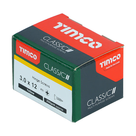 This is an image showing TIMCO Classic Multi-Purpose Hinge Screws - PZ - Countersunk - Yellow - 3.0 x 12 - 200 Pieces Box available from T.H Wiggans Ironmongery in Kendal, quick delivery at discounted prices.