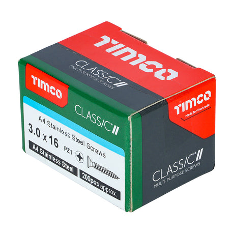 This is an image showing TIMCO Classic Multi-Purpose Screws - PZ - Double Countersunk - A4 Stainless Steel
 - 3.0 x 16 - 200 Pieces Box available from T.H Wiggans Ironmongery in Kendal, quick delivery at discounted prices.