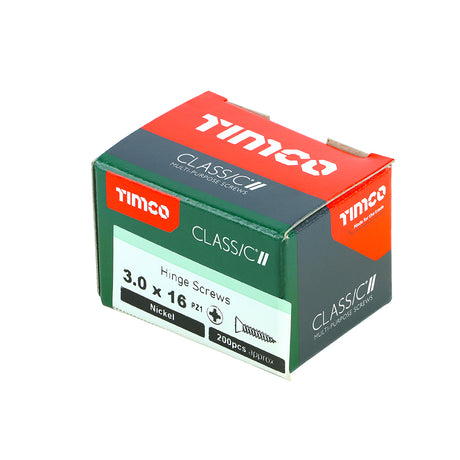 This is an image showing TIMCO Classic Multi-Purpose Hinge Screws - PZ - Countersunk - Nickel - 3.0 x 16 - 200 Pieces Box available from T.H Wiggans Ironmongery in Kendal, quick delivery at discounted prices.