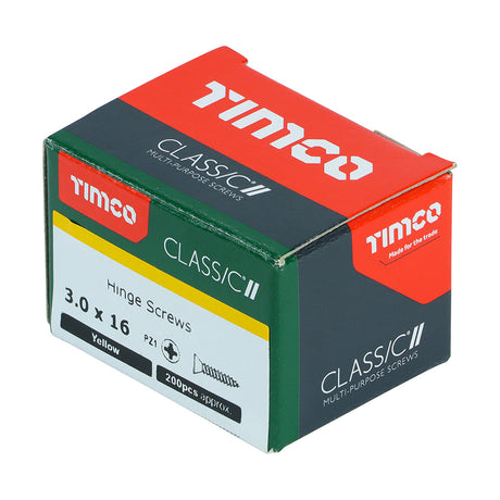 This is an image showing TIMCO Classic Multi-Purpose Hinge Screws - PZ - Countersunk - Yellow - 3.0 x 16 - 200 Pieces Box available from T.H Wiggans Ironmongery in Kendal, quick delivery at discounted prices.