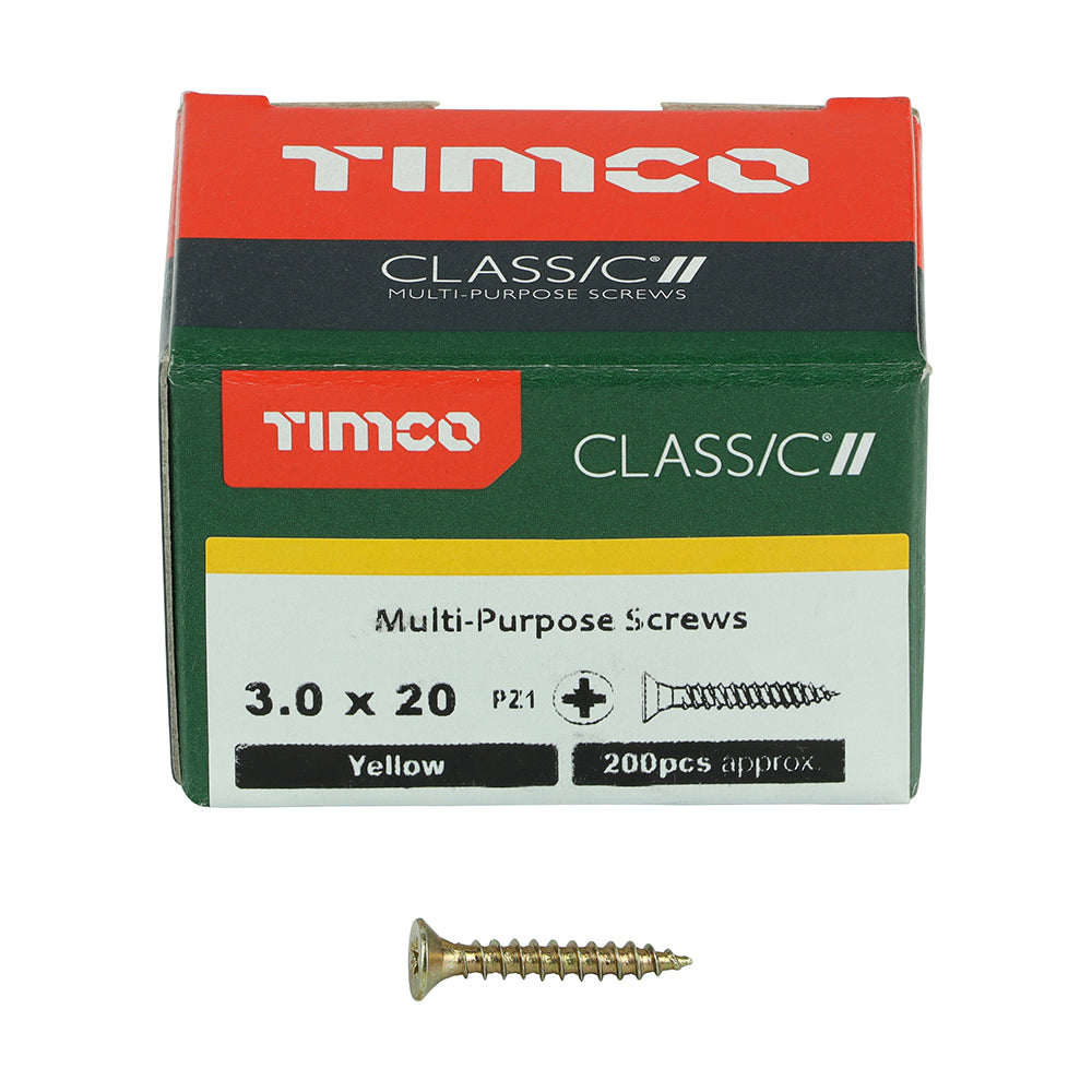 This is an image showing TIMCO Classic Multi-Purpose Screws - PZ - Double Countersunk - Yellow - 3.0 x 20 - 200 Pieces Box available from T.H Wiggans Ironmongery in Kendal, quick delivery at discounted prices.