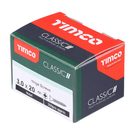 This is an image showing TIMCO Classic Multi-Purpose Hinge Screws - PZ - Countersunk - Nickel - 3.0 x 20 - 200 Pieces Box available from T.H Wiggans Ironmongery in Kendal, quick delivery at discounted prices.