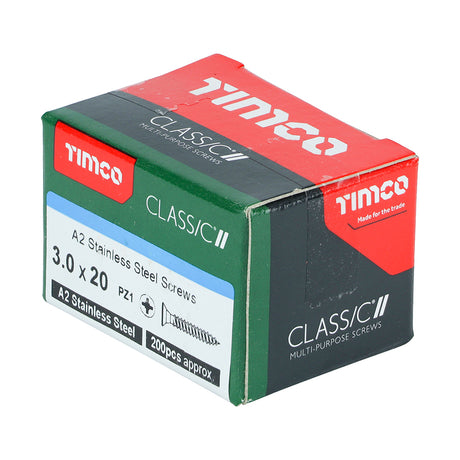 This is an image showing TIMCO Classic Multi-Purpose Screws - PZ - Double Countersunk - A2 Stainless Steel
 - 3.0 x 20 - 200 Pieces Box available from T.H Wiggans Ironmongery in Kendal, quick delivery at discounted prices.