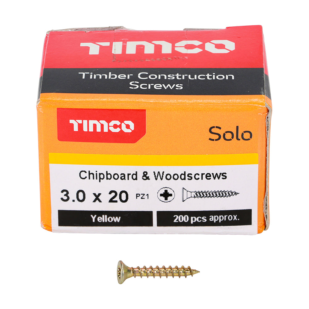 This is an image showing TIMCO Solo Chipboard & Woodscrews - PZ - Double Countersunk - Yellow - 3.0 x 20 - 200 Pieces Box available from T.H Wiggans Ironmongery in Kendal, quick delivery at discounted prices.