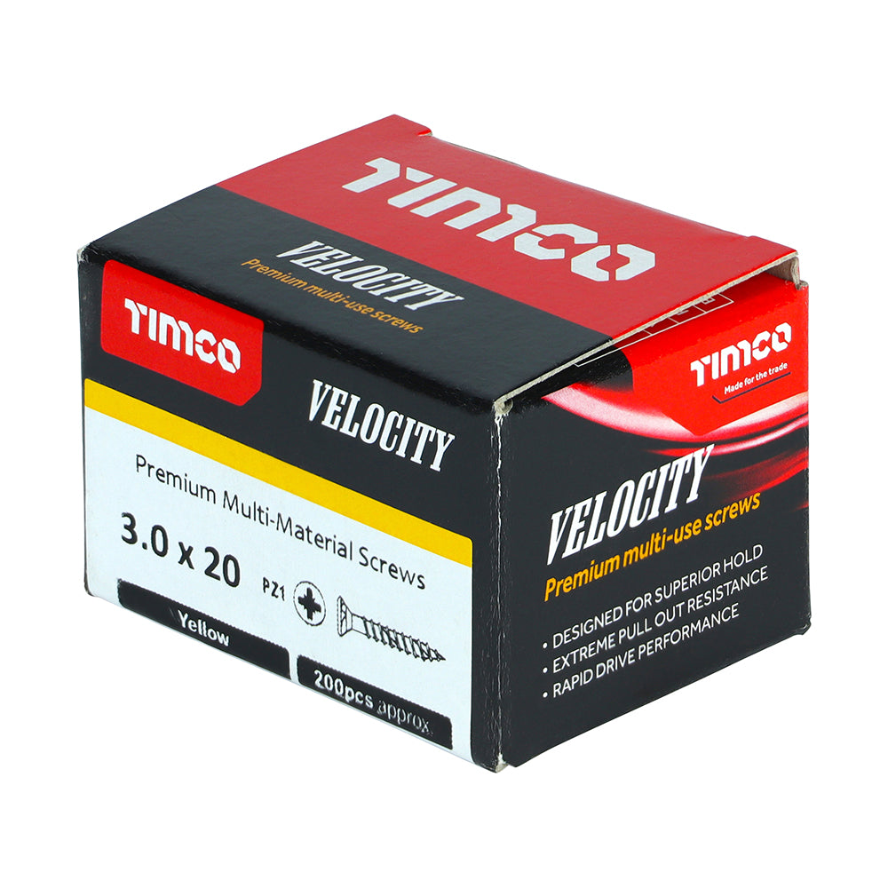 This is an image showing TIMCO Velocity Premium Multi-Use Screws - PZ - Double Countersunk - Yellow
- 3.0 x 20 - 200 Pieces Box available from T.H Wiggans Ironmongery in Kendal, quick delivery at discounted prices.