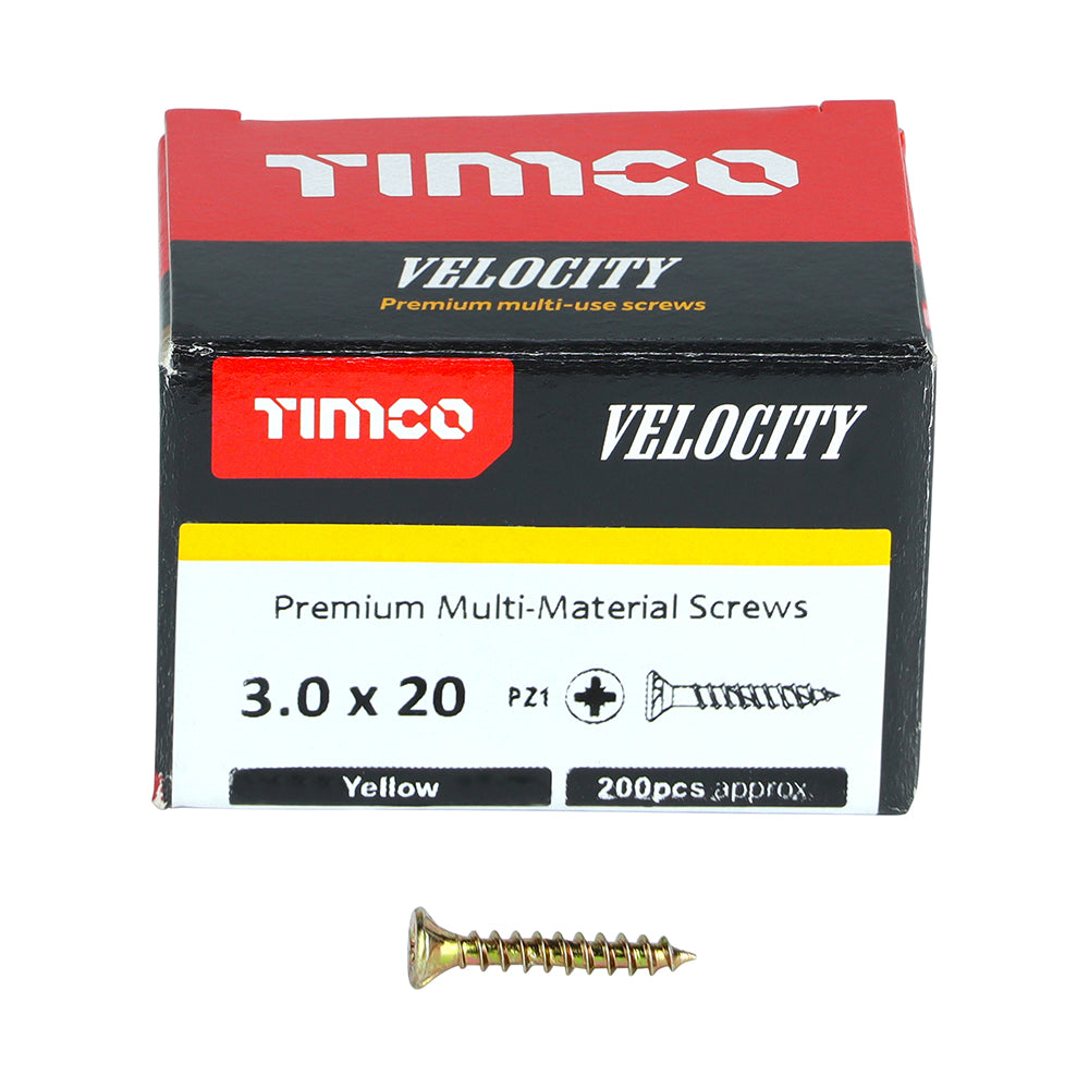 This is an image showing TIMCO Velocity Premium Multi-Use Screws - PZ - Double Countersunk - Yellow
- 3.0 x 20 - 200 Pieces Box available from T.H Wiggans Ironmongery in Kendal, quick delivery at discounted prices.