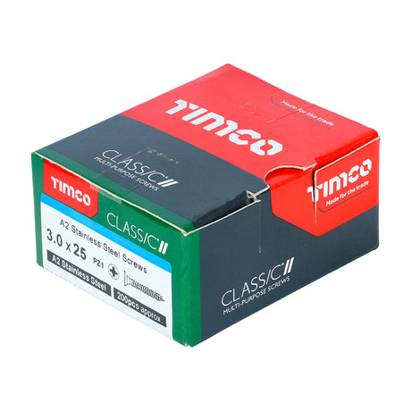 This is an image showing TIMCO Classic Multi-Purpose Screws - PZ - Double Countersunk - A2 Stainless Steel
 - 3.0 x 25 - 200 Pieces Box available from T.H Wiggans Ironmongery in Kendal, quick delivery at discounted prices.