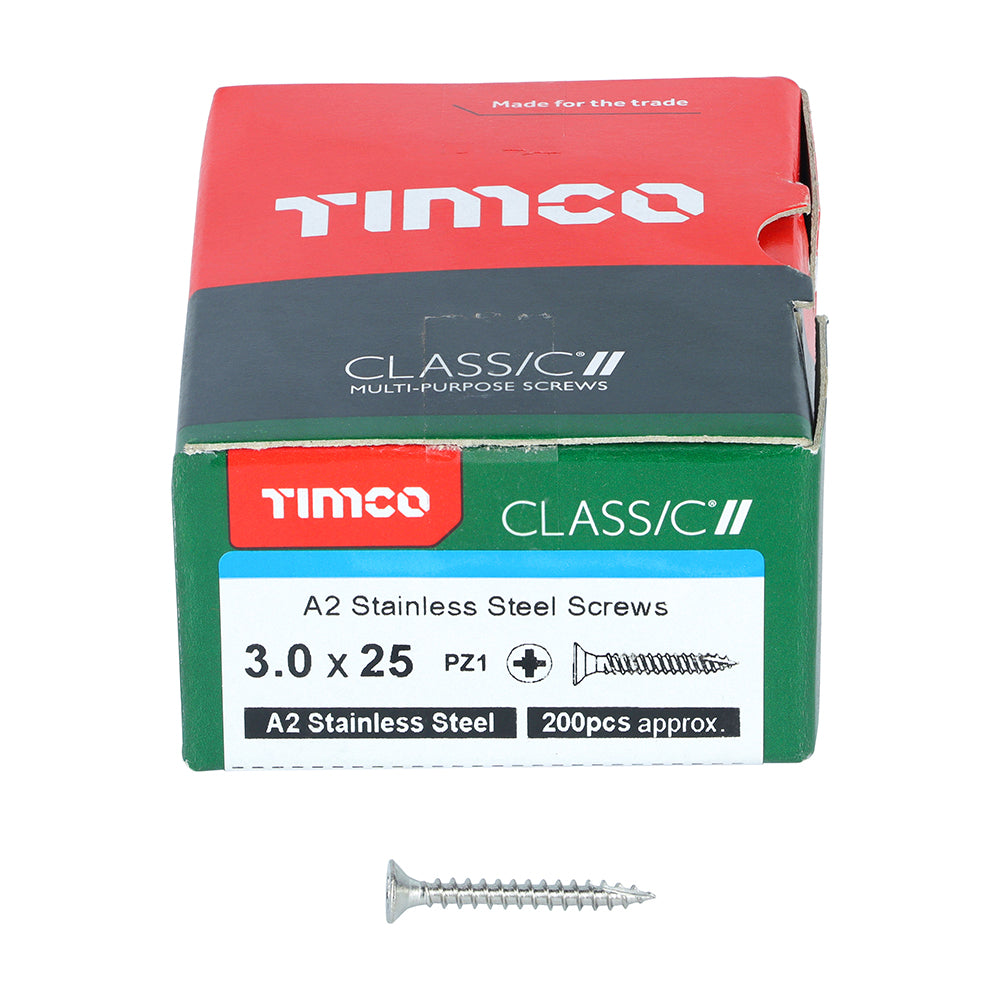 This is an image showing TIMCO Classic Multi-Purpose Screws - PZ - Double Countersunk - A2 Stainless Steel
 - 3.0 x 25 - 200 Pieces Box available from T.H Wiggans Ironmongery in Kendal, quick delivery at discounted prices.
