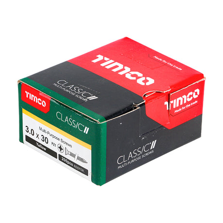 This is an image showing TIMCO Classic Multi-Purpose Screws - PZ - Double Countersunk - Yellow - 3.0 x 30 - 200 Pieces Box available from T.H Wiggans Ironmongery in Kendal, quick delivery at discounted prices.