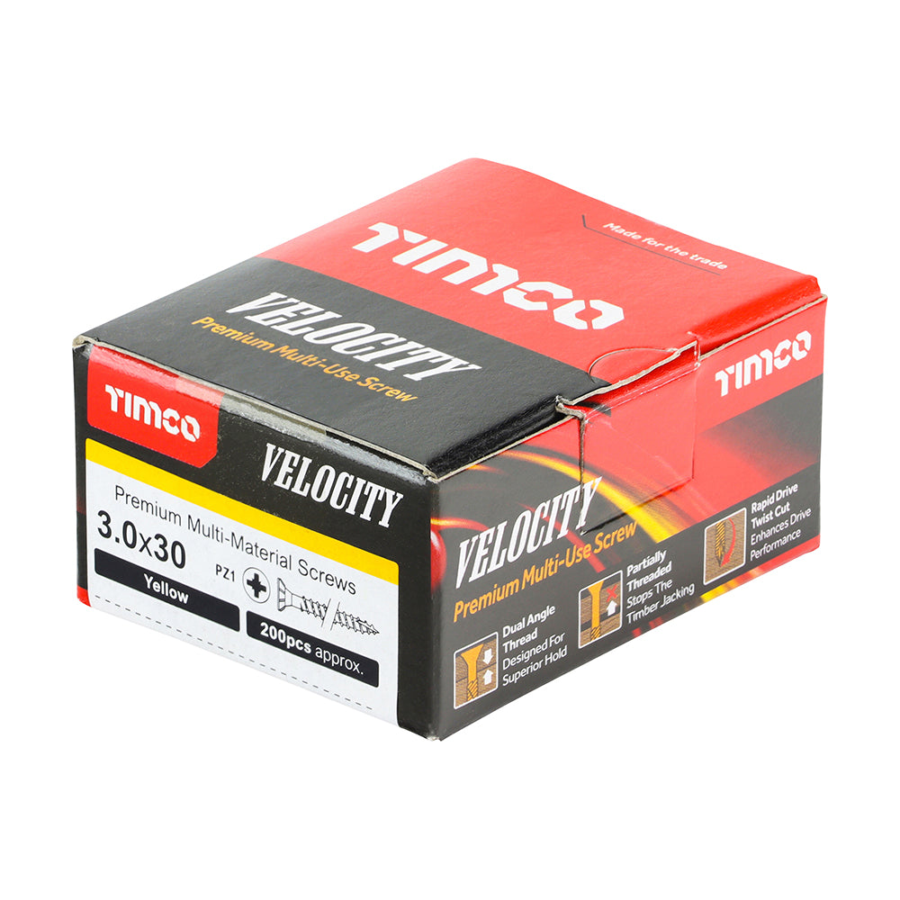 This is an image showing TIMCO Velocity Premium Multi-Use Screws - PZ - Double Countersunk - Yellow - 3.0 x 30 - 200 Pieces Box available from T.H Wiggans Ironmongery in Kendal, quick delivery at discounted prices.