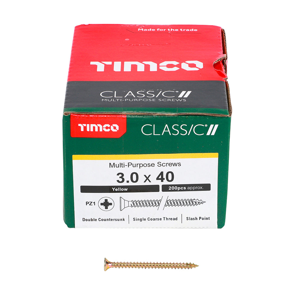 This is an image showing TIMCO Classic Multi-Purpose Screws - PZ - Double Countersunk - Yellow - 3.0 x 40 - 200 Pieces Box available from T.H Wiggans Ironmongery in Kendal, quick delivery at discounted prices.
