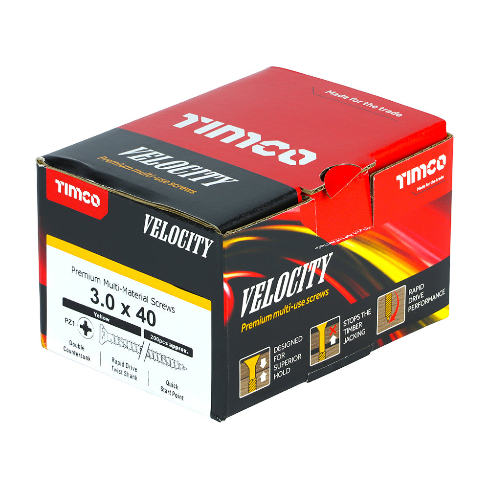 This is an image showing TIMCO Velocity Premium Multi-Use Screws - PZ - Double Countersunk - Yellow
- 3.0 x 40 - 200 Pieces Box available from T.H Wiggans Ironmongery in Kendal, quick delivery at discounted prices.