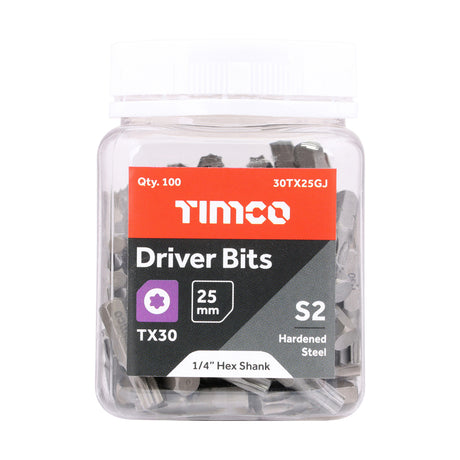 This is an image showing TIMCO S2 Driver Bits - TX - TX30 x 25 - 100 Pieces Small Jar available from T.H Wiggans Ironmongery in Kendal, quick delivery at discounted prices.