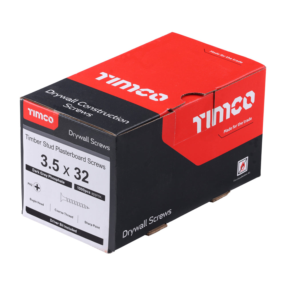 This is an image showing TIMCO Drywall Screws - PH - Bugle - Coarse Thread - Grey - 3.5 x 32 - 1000 Pieces Box available from T.H Wiggans Ironmongery in Kendal, quick delivery at discounted prices.