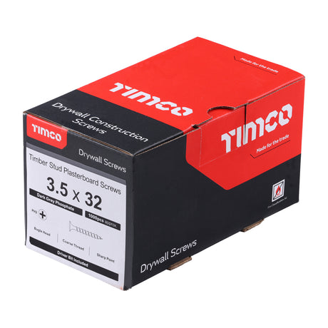 This is an image showing TIMCO Drywall Screws - PH - Bugle - Coarse Thread - Grey - 3.5 x 32 - 1000 Pieces Box available from T.H Wiggans Ironmongery in Kendal, quick delivery at discounted prices.
