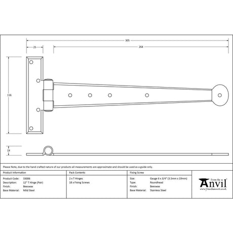 This is an image showing From The Anvil - Beeswax 12" Penny End T Hinge (pair) available from T.H Wiggans Architectural Ironmongery, quick delivery and discounted prices