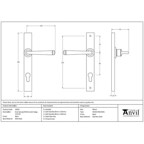This is an image showing From The Anvil - Black Avon Slimline Lever Espag. Lock Set available from trade door handles, quick delivery and discounted prices