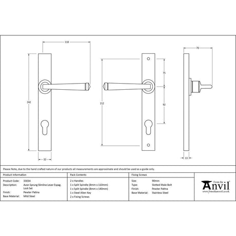 This is an image showing From The Anvil - Pewter Avon Slimline Lever Espag. Lock Set available from trade door handles, quick delivery and discounted prices