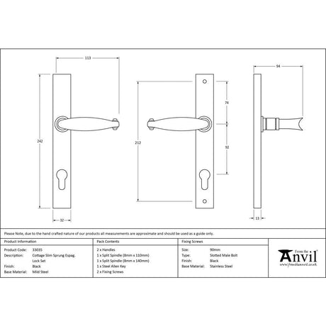 This is an image showing From The Anvil - Black Cottage Slimline Lever Espag. Lock Set available from trade door handles, quick delivery and discounted prices