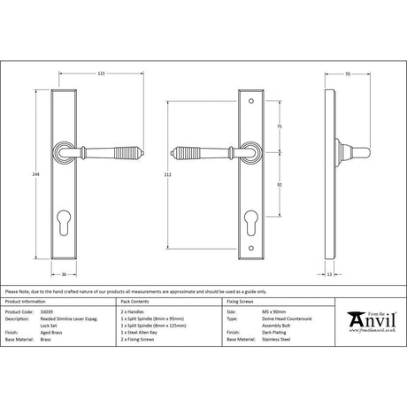 This is an image showing From The Anvil - Aged Brass Reeded Slimline Lever Espag. Lock Set available from trade door handles, quick delivery and discounted prices