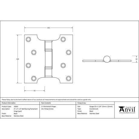 This is an image showing From The Anvil - Black 4" x 2" x 4" Parliament Hinge (pair) ss available from T.H Wiggans Architectural Ironmongery, quick delivery and discounted prices