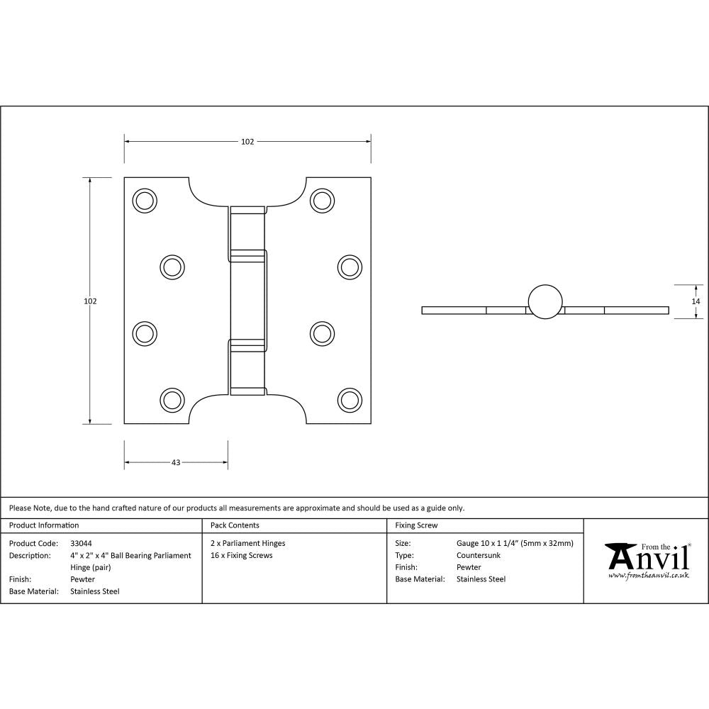 This is an image showing From The Anvil - Pewter 4" x 2" x 4" Parliament Hinge (pair) ss available from T.H Wiggans Architectural Ironmongery, quick delivery and discounted prices