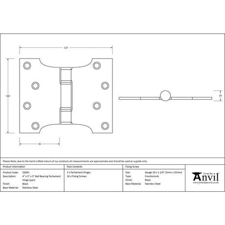 This is an image showing From The Anvil - Black 4" x 3" x 5" Parliament Hinge (pair) ss available from T.H Wiggans Architectural Ironmongery, quick delivery and discounted prices
