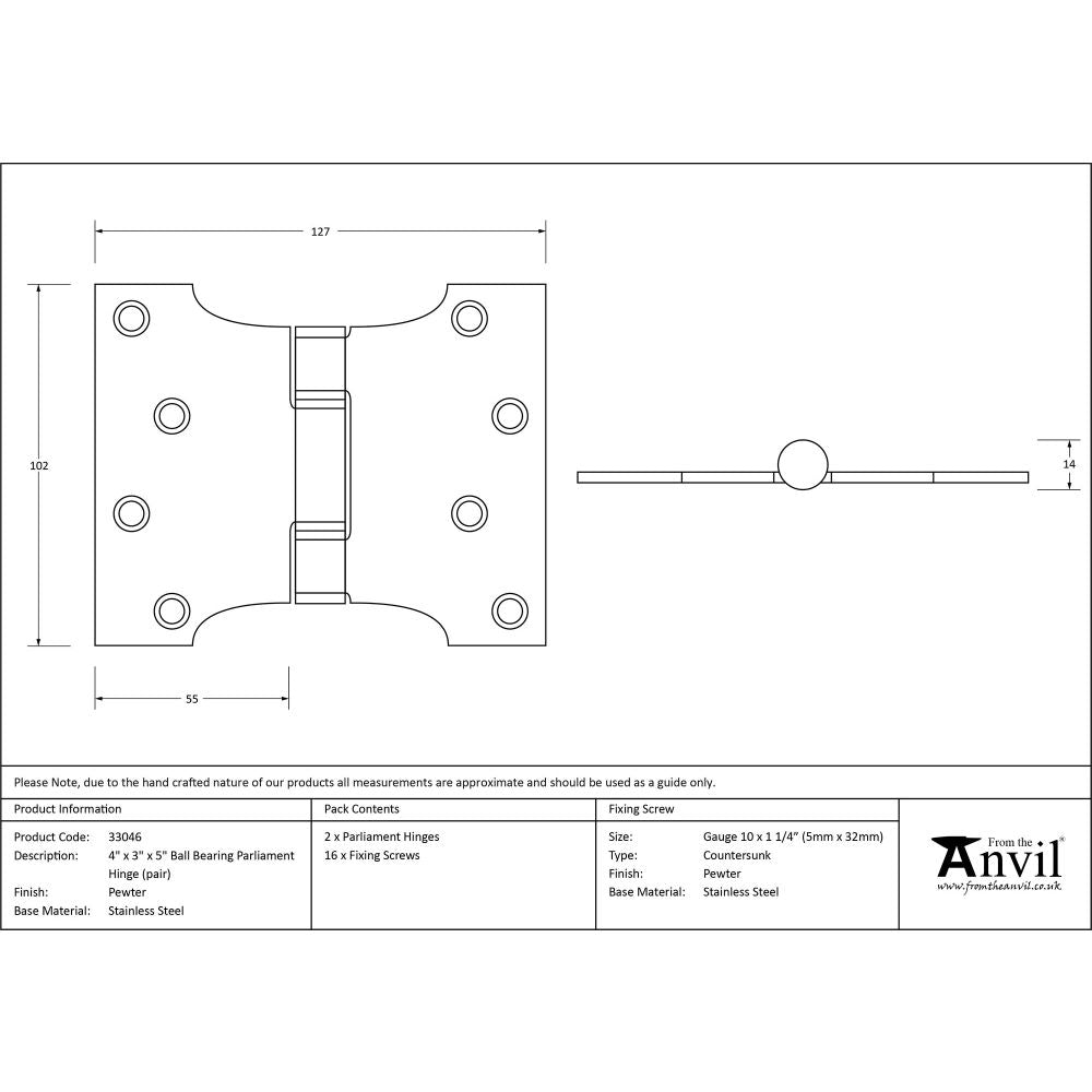 This is an image showing From The Anvil - Pewter 4" x 3" x 5" Parliament Hinge (pair) ss available from T.H Wiggans Architectural Ironmongery, quick delivery and discounted prices