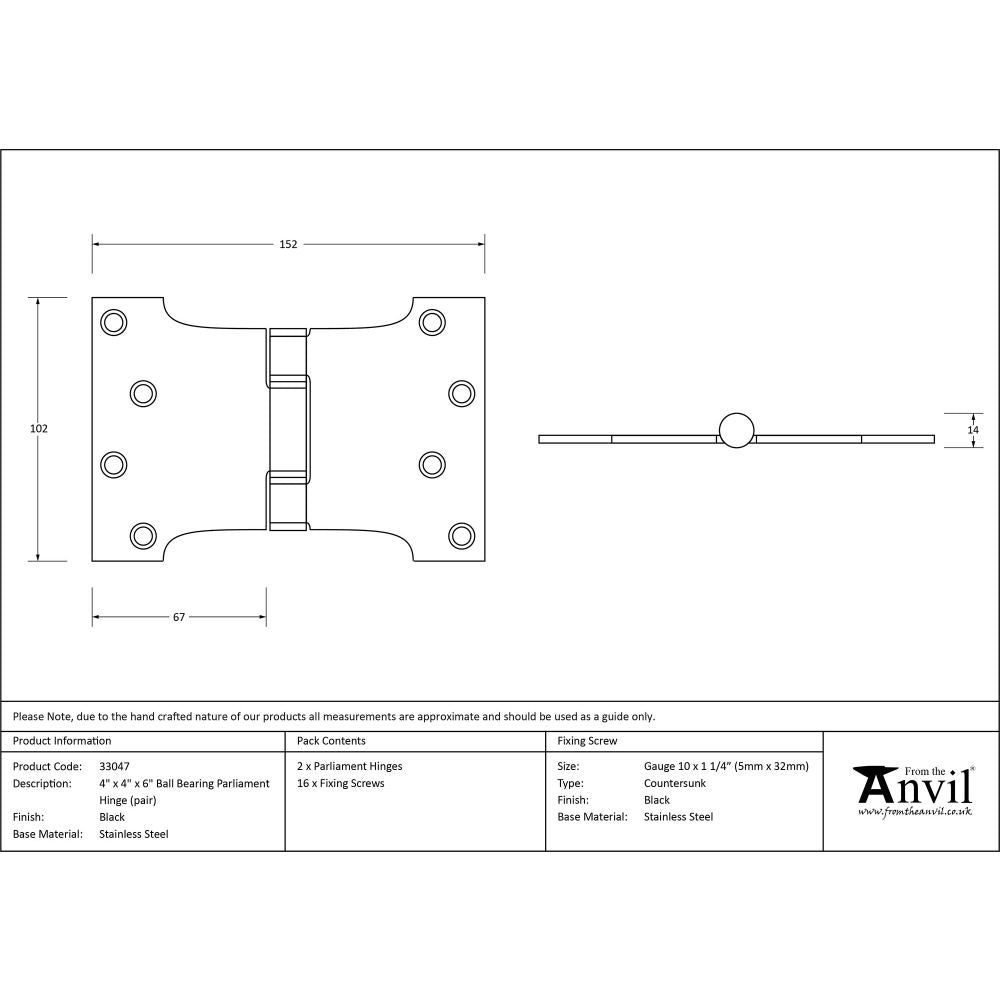 This is an image showing From The Anvil - Black 4" x 4" x 6" Parliament Hinge (pair) ss available from T.H Wiggans Architectural Ironmongery, quick delivery and discounted prices