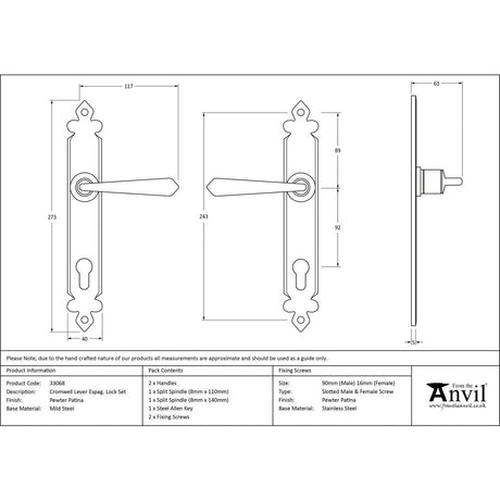 This is an image showing From The Anvil - Pewter Cromwell Lever Espag. Lock Set available from trade door handles, quick delivery and discounted prices