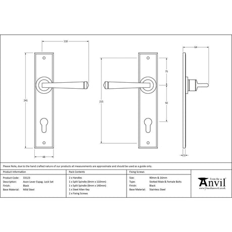 This is an image showing From The Anvil - Black Avon Lever Espag. Lock Set available from trade door handles, quick delivery and discounted prices