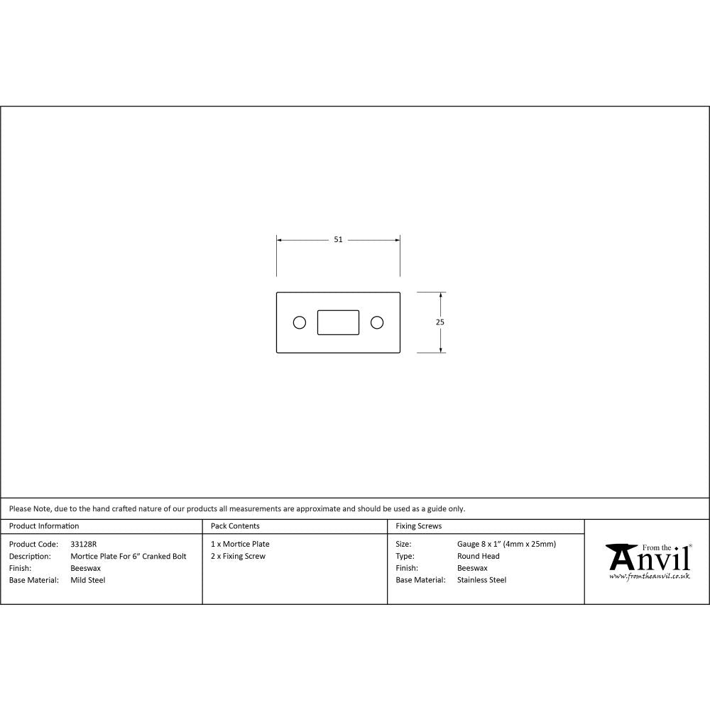 This is an image showing From The Anvil - Beeswax Mortice Plate for 6" Cranked Door Bolt available from trade door handles, quick delivery and discounted prices