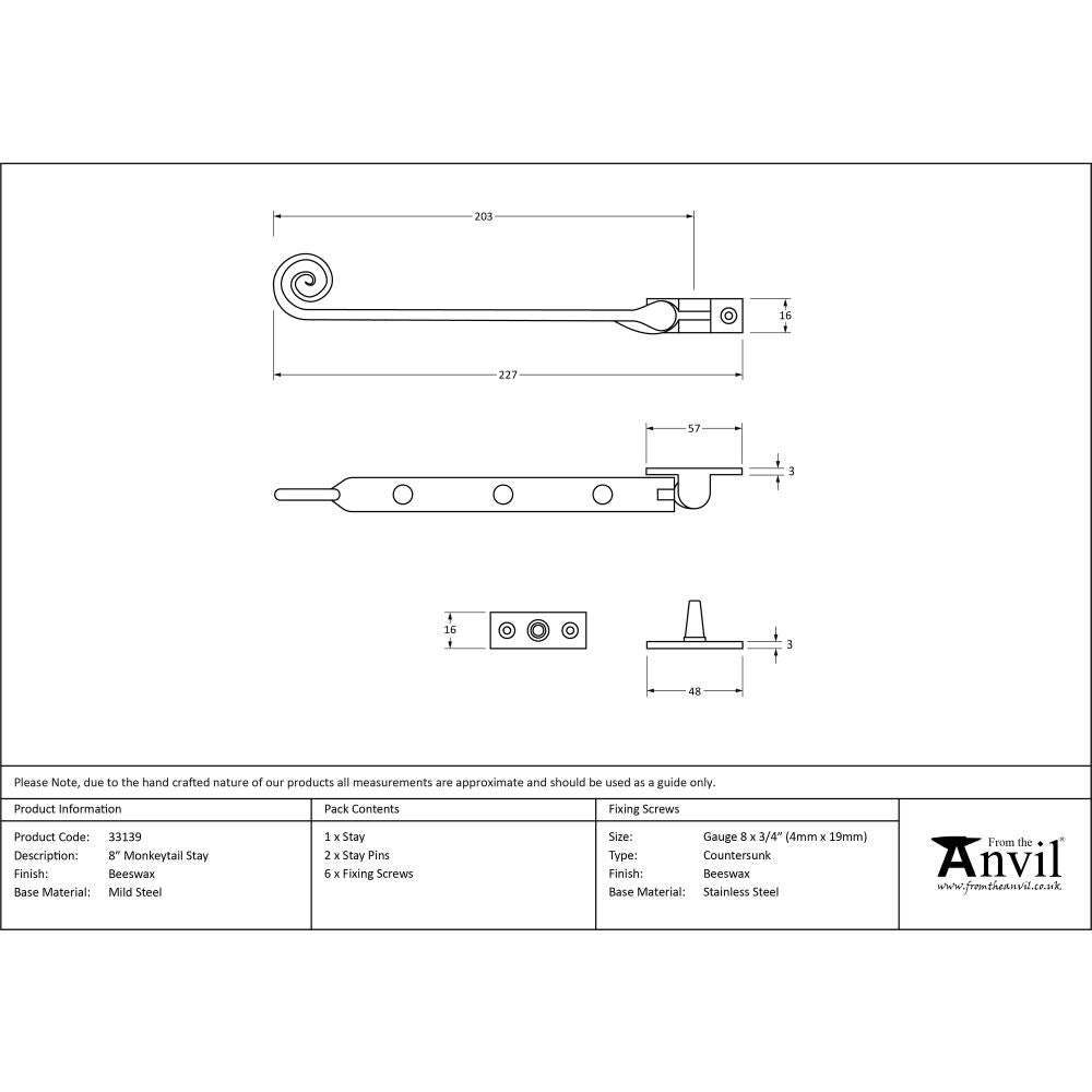 This is an image showing From The Anvil - Beeswax 8" Monkeytail Stay available from T.H Wiggans Architectural Ironmongery in Kendal, quick delivery and discounted prices