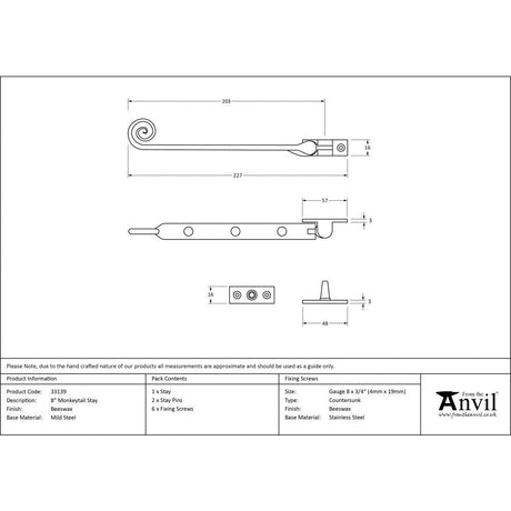 This is an image showing From The Anvil - Beeswax 8" Monkeytail Stay available from T.H Wiggans Architectural Ironmongery in Kendal, quick delivery and discounted prices