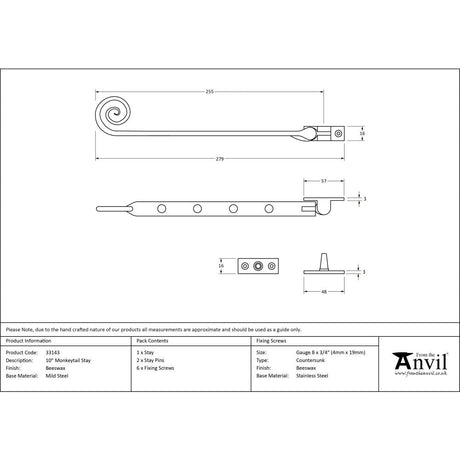 This is an image showing From The Anvil - Beeswax 10" Monkeytail Stay available from T.H Wiggans Architectural Ironmongery in Kendal, quick delivery and discounted prices