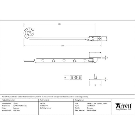 This is an image showing From The Anvil - Beeswax 12" Monkeytail Stay available from T.H Wiggans Architectural Ironmongery in Kendal, quick delivery and discounted prices