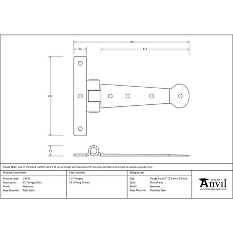 This is an image showing From The Anvil - Beeswax 6" Penny End T Hinge (pair) available from T.H Wiggans Architectural Ironmongery, quick delivery and discounted prices